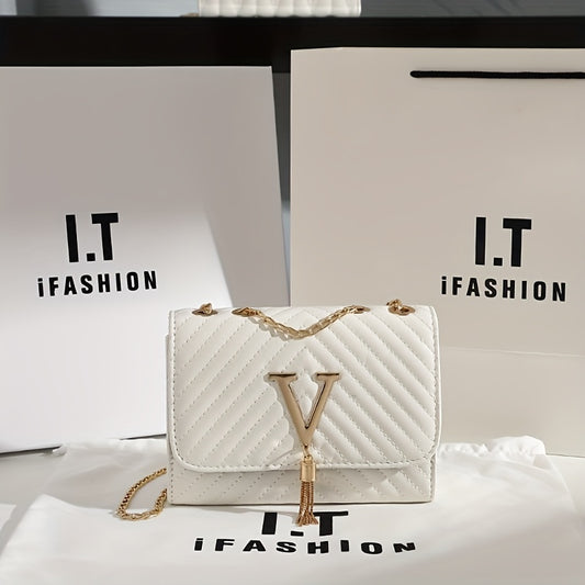 Women's Synthetic Leather Interlocking Link Crossbody Handbag & Wallet-like Detachable Strap - Golden-Tone Hardware, Closure, Golden-Tone Chain Strap, Golden-Tone Logo Accent - Elegant Synthetic Leather Purse with Closure, Wi
