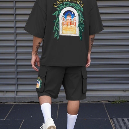 New Loose-Fitting Breathable Men'S Round Neck Short-Sleeved T-Shirt And Workwear Style Multi-Pocket Shorts Set Summer Leisure Sports Two-Piece Suit, Fashionable Sports Casual Versatile Tops And Pants for Men And Women