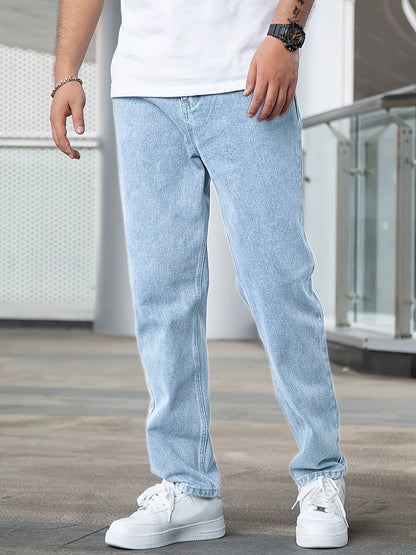 Men's Casual Stretch Denim Pants - Classic Regular Fit, Water-Washed Texture, All-Season Comfort, Machine Washable Solid Color Jeans for Casual Attire, Casual Casual Attire | Classic Blue Jeans | Easycare Jeans