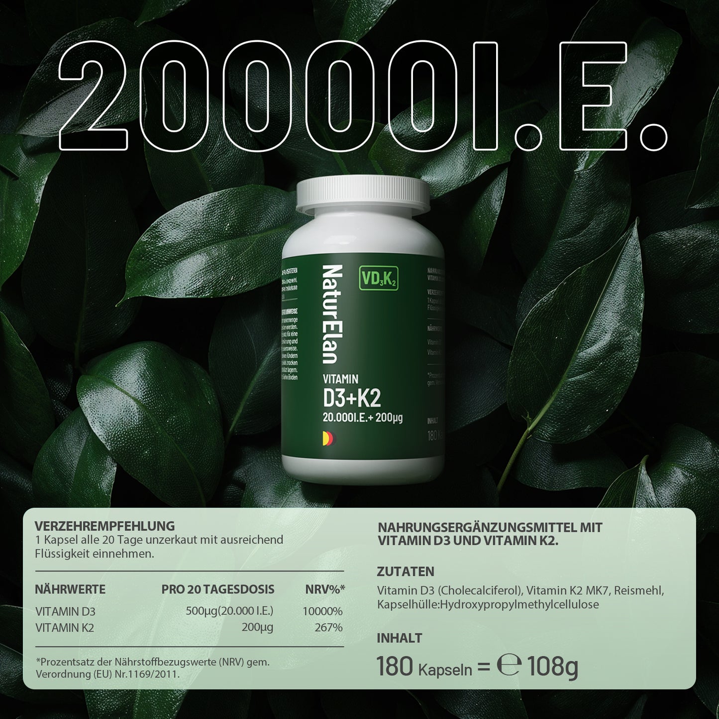 High-dose Vitamin D3 K2 capsules - 20000I.E. + Vitamin K2 MK7 200 mcg per dose, 20 days per capsule, 1000 IU Vitamin D per day, 180 vegetarian capsules, without additives, produced in Germany
