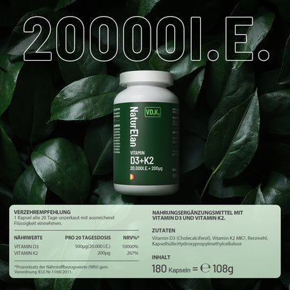 High-dose Vitamin D3 K2 capsules - 20000I.E. + Vitamin K2 MK7 200 mcg per dose, 20 days per capsule, 1000 IU Vitamin D per day, 180 vegetarian capsules, without additives, produced in Germany