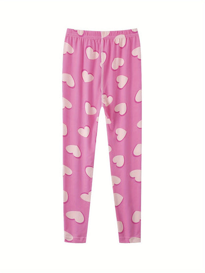 1pc Stretchy & Slim Girls' Pink Heart Donut Pattern Leggings - Soft Polyester/Elastane Blend, Non-See-Through, Perfect for Spring/Summer/Fall Outdoor Activities & Sister Bonding Time