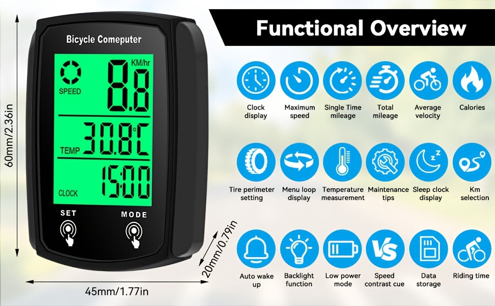 Oein Bike Computer Wired, Bicycle Odometer Wired MPH KM/H, Bike Speedometer Bike Odometer with Touch Sensor Switch, Big Digital LCD Screen, Automatic Wake-u
