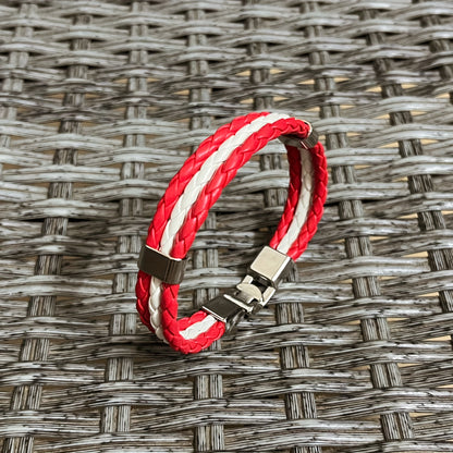 Handmade Braided Red, White, and Green Flag Faux Leather Bracelet - Fashionable Faux Leather Accessory with Metal Buckle, Ideal for National Holiday Celebrations, National Holiday Gift|Festive Accessory|Durable Faux Leather,