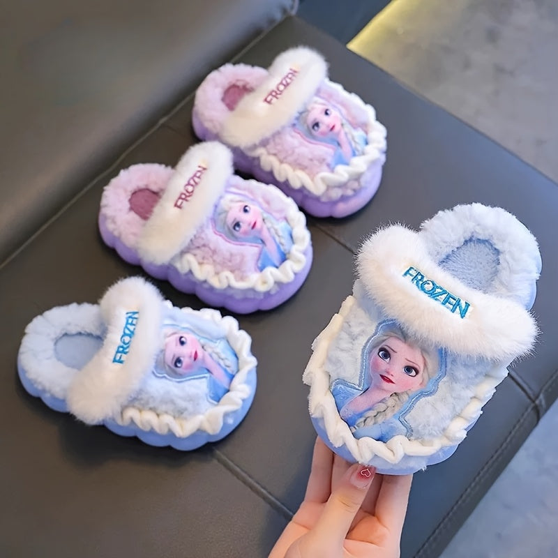 Pair of Frozen Elsa Princess Plush Slippers with Disney Elsa Design, Warm Fleece-Lined Indoor/Outdoor Shoes for Girls - New Autumn/Winter Cute Cartoon Princess Style Printed Fluffy Slippers in Sky Blue and Lilac Colors, Perfe