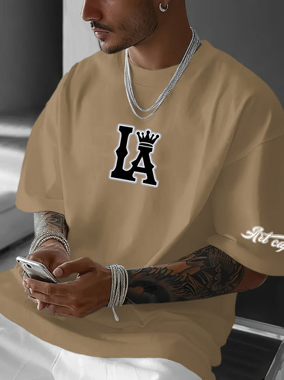 Men's Casual LA Graphic T-Shirt - Breathable Stretch Fabric, Oversized Fit with Crown & Script Lettering, Beige Summer Tee for Outdoor Activities & Casual Attire, Machine Washable, Leisure Clothing, Citythemed Apparel