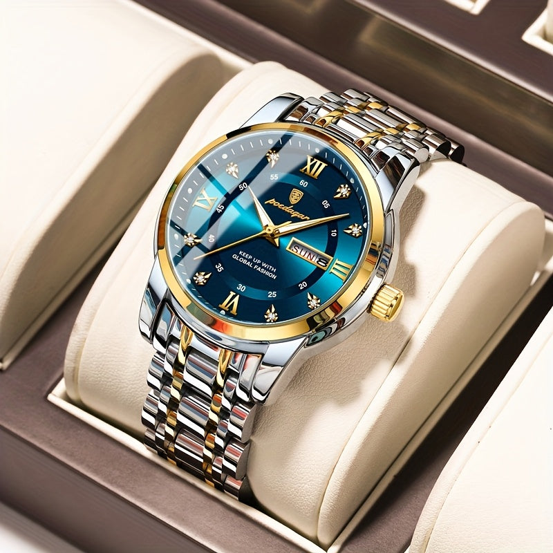 1pc Men's Fashion Stainless Steel Quartz Watch with Date Function, Rhinestone Accents, Luminous Hands, Round Dial - Casual Style, Battery Powered, Water Resistant, Ideal Gift for Birthdays and Anniversaries