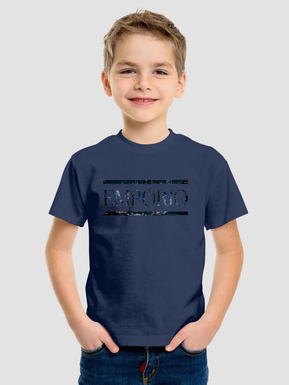 Boys' Casual Short Sleeve T-Shirt with Elegant "EMPORIO" Letter Print - Soft Breathable Round Neck Tee, Medium Stretch, Regular Fit for Summer Daily Wear & Weekend Outings, Boy T Shirt, Everyday Kids Clothing, Classic Round N