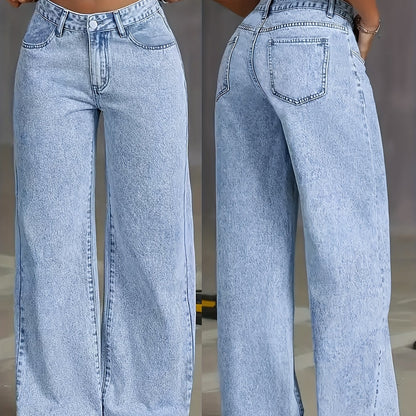 Women's 2025 new stretch loose wide leg straight jeans. acid wash light blue tummy control casual pants with pockets, high waisted comfort solid color pantalones, elegant ladies' clothing, denim trousers fit for travel, work