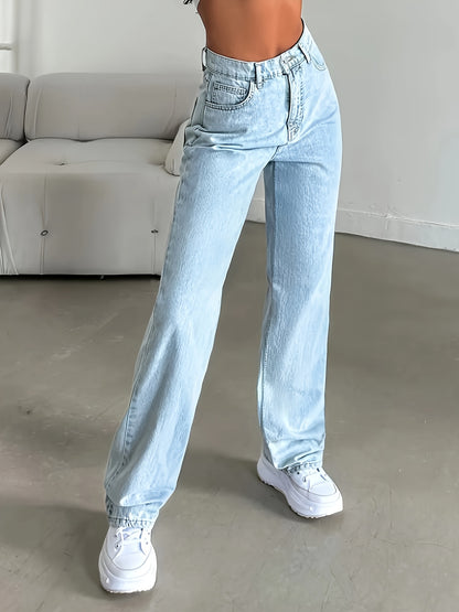 Women's Stretch Jeans - Stretchy Straight-Leg Pants with Classic Blue Wash, Machine Washable Non-See-Through Denim for Everyday & Formal Outfits - All-Season Comfort Fit Jeans, Versatile Wardrobe, Timeless Design, Quality Sti