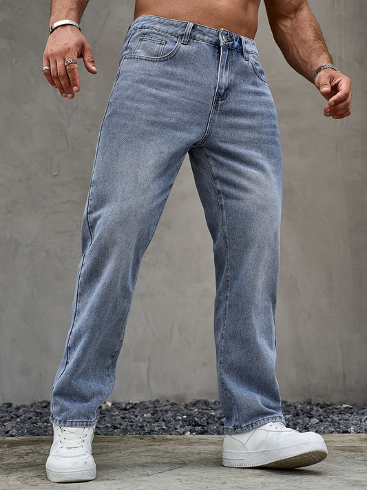 Men's Classic Regular Fit Jeans - Non-Stretch Machine-Washable Denim, Water-Washed Texture, Solid Color Casual Pants for All-Season Casual Attire, Straight Leg Jeans, Versatile Clothing, Durable Construction, Outdoor Clothing