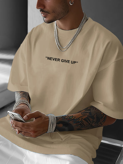 Men's "Never Give Up" Graphic Print Casual T-Shirt - Comfortable Crew Neck, Short Sleeve, Loose Fit for Spring & Summer, White Polyester Tee for Casual Attire, Casual Summer Wear | Loose Fit Top | Smooth Texture