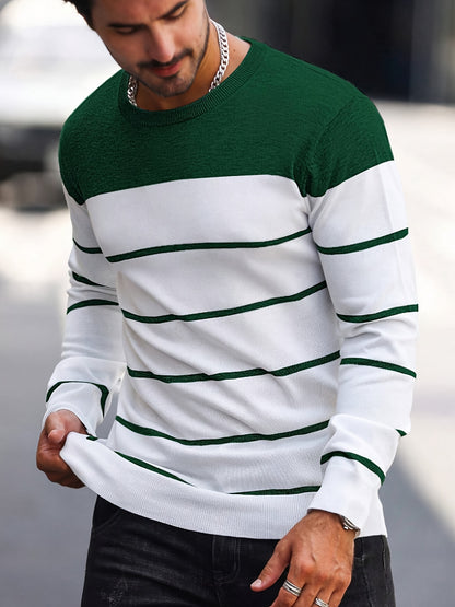 Men's Casual Striped Knit Pullover Sweater - Navy & White Contrast, Regular Fit H-Silhouette, Long Sleeve Crew Neck, Medium Stretch, Machine Washable for Spring & Fall, Mediumstretch Fabric