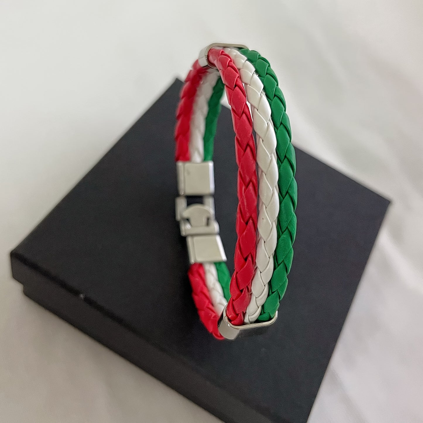 Handmade Braided Red, White, and Green Flag Faux Leather Bracelet - Fashionable Faux Leather Accessory with Metal Buckle, Ideal for National Holiday Celebrations, National Holiday Gift|Festive Accessory|Durable Faux Leather,