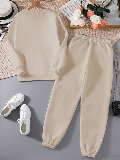 Targeted Autumn and Winter Fashion Print Two-Piece Set, Casual Long-Sleeve Fleece Pullover and Drawstring Jogger Pants Outfit for Women