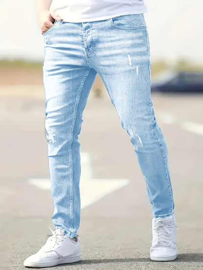 Men'S Light Blue Distressed Skinny Jeans - Stretch Denim, Slim Fit, Casual Style with Ripped Details, All-Season Comfort, Casual Attire Jeans|Distressed Denim|Stretch Denim Fabric