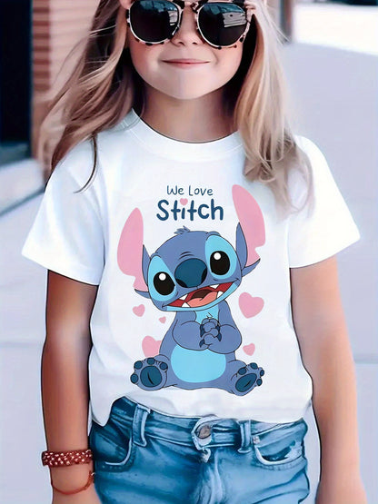 Youngsters' Stitch Cartoon Print T-Shirt - Pink Casual Summer Top with "We Love Stitch" Design, Soft & Breathable Knit Fabric, Round Neck, Machine Washable, Perfect for Youngsters' Playtime & Holidays, Youngsters'S Playtime S