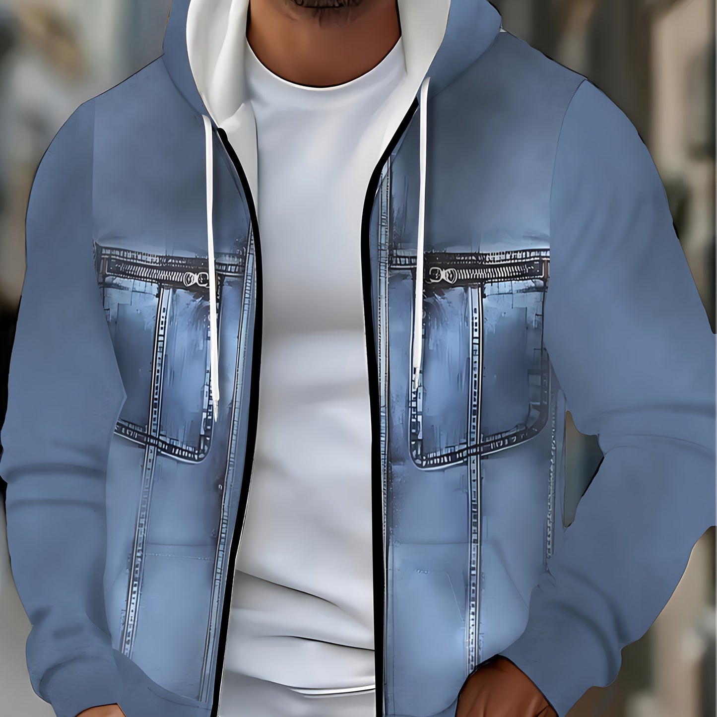 Men's Full-Zip Hoodie Jacket - Two-Tone Zipper Closure (white to), Adjustable Hood, Loose Fit Streetwear Coat - Soft Polyester Outer for Spring/Fall - Casual Outerwear for Everyday & Special Events, Zip Up Hoodie, Outdoor Wea