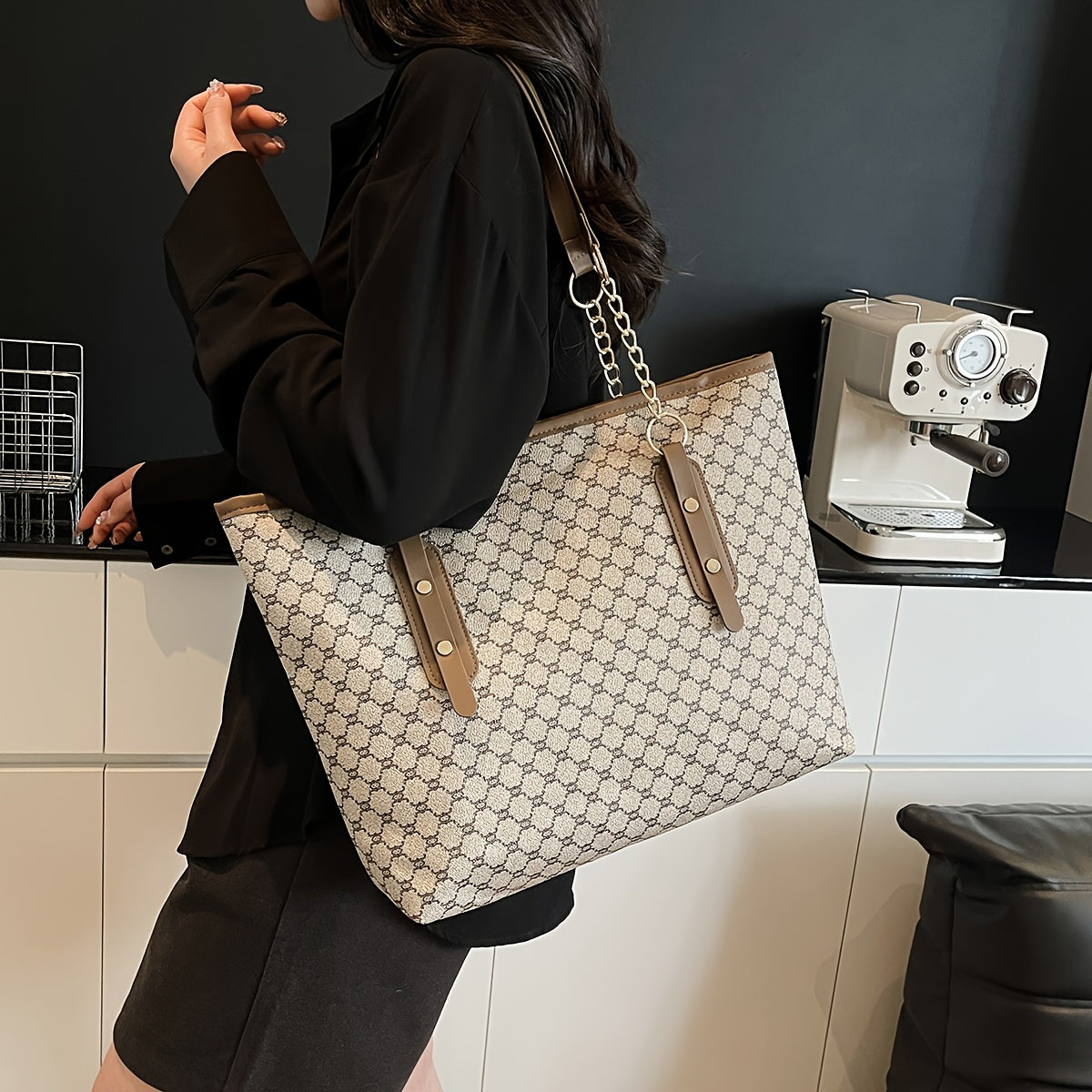 Rubyn Women's Large Capacity Tote Bag - Beige/ & Brown Greek Key Logo Handbag, Versatile Shoulder Purse for Women,, Travel, Everyday Use, Everyday Bag For Women, Casual Bag For Women, Casual Style Tote Bag, Medium Size Tote B