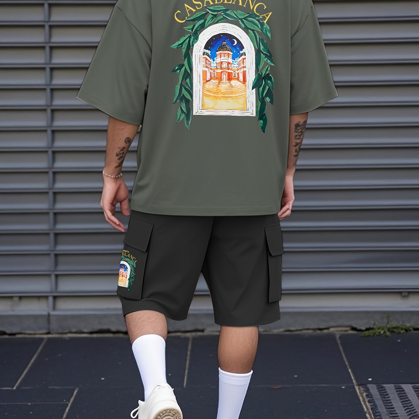 New Loose-Fitting Breathable Men'S Round Neck Short-Sleeved T-Shirt And Workwear Style Multi-Pocket Shorts Set Summer Leisure Sports Two-Piece Suit, Fashionable Sports Casual Versatile Tops And Pants for Men And Women