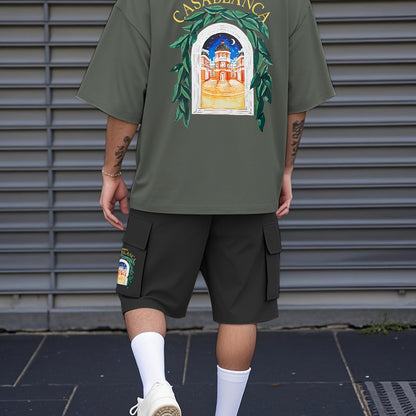 New Loose-Fitting Breathable Men'S Round Neck Short-Sleeved T-Shirt And Workwear Style Multi-Pocket Shorts Set Summer Leisure Sports Two-Piece Suit, Fashionable Sports Casual Versatile Tops And Pants for Men And Women