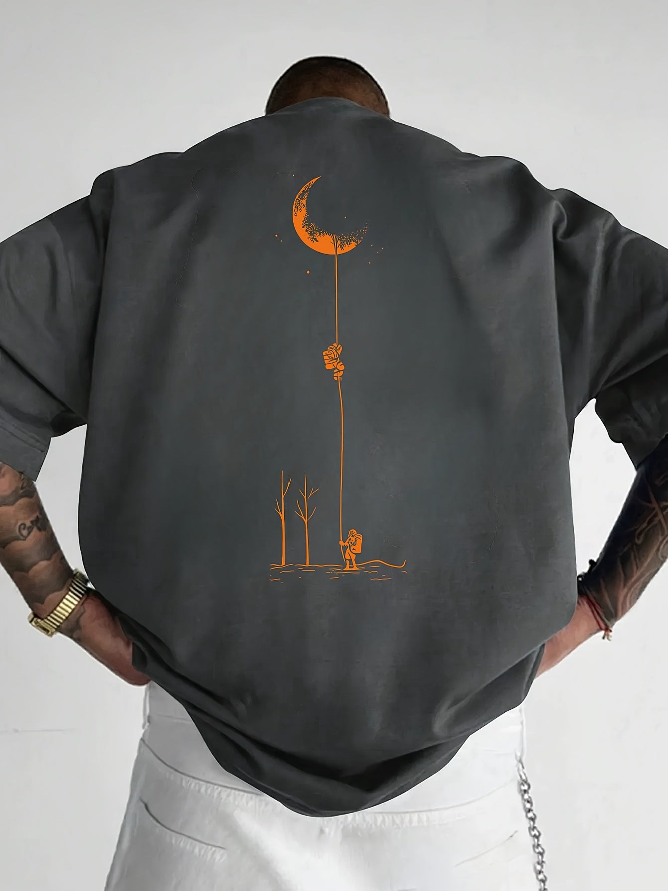 Men's Graphic Print Short Sleeve T-Shirt - Black Relaxed Fit Casual Round Neck, Durable Polyester Fabric, Machine Washable Summer Outdoor Top, Moon And Trees Design | Lightweight Clothing
