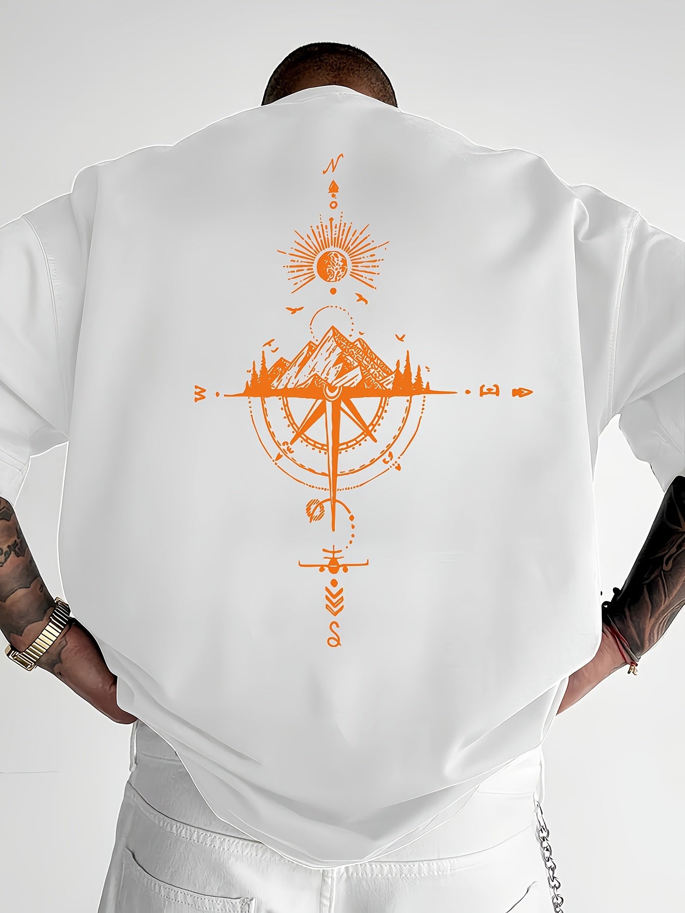 Men's Short Sleeve T-Shirt 100% Polyester Loose Fit Casual Round Neck Navy Blue with Golden Compass Rose Mountain Print - Summer Outdoor Adventure Graphic Tee, Modern Casual Top | Easy Care Clothing