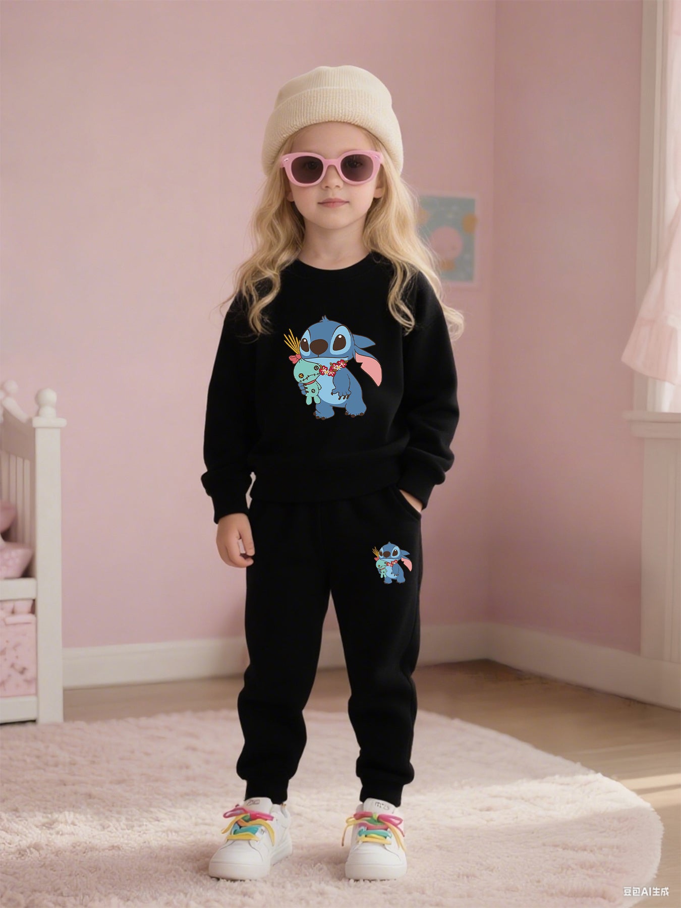 2pcs Disney Kids Casual Sweatshirt & Pants Set Stitch's Adorable Floral Adventure: A Heartwarming Cartoon Tale Long-Sleeve Crewneck, Children's clothing suitable for autumn and winter seasons, featuring cute cartoon patterns.