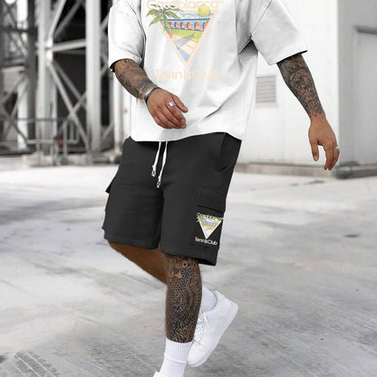 New Loose Fit Breathable Men's Crew Neck Short Sleeve T-Shirt and Workwear Style Multi-Pocket Shorts Set, Summer Casual Sportswear Two-Piece Outfit, Stylish Versatile Top and Pants for Both Men and Women