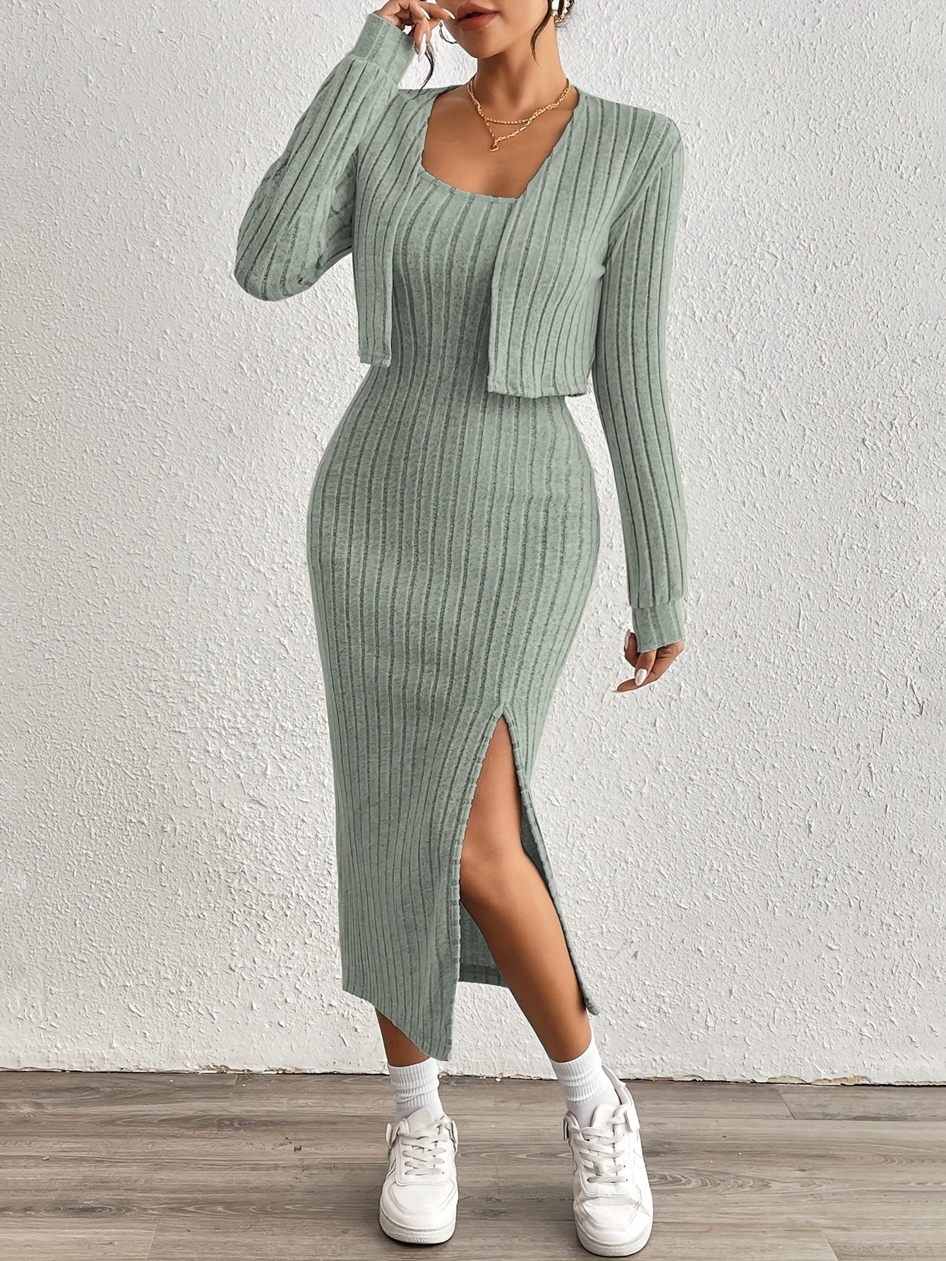 Simple y Fleece Two-Piece Dress and Jacket Set