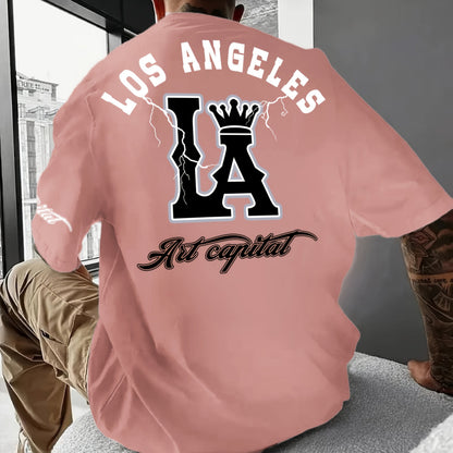 Men's Casual LA Graphic T-Shirt - Breathable Stretch Fabric, Oversized Fit with Crown & Script Lettering, Beige Summer Tee for Outdoor Activities & Casual Attire, Machine Washable, Leisure Clothing, Citythemed Apparel