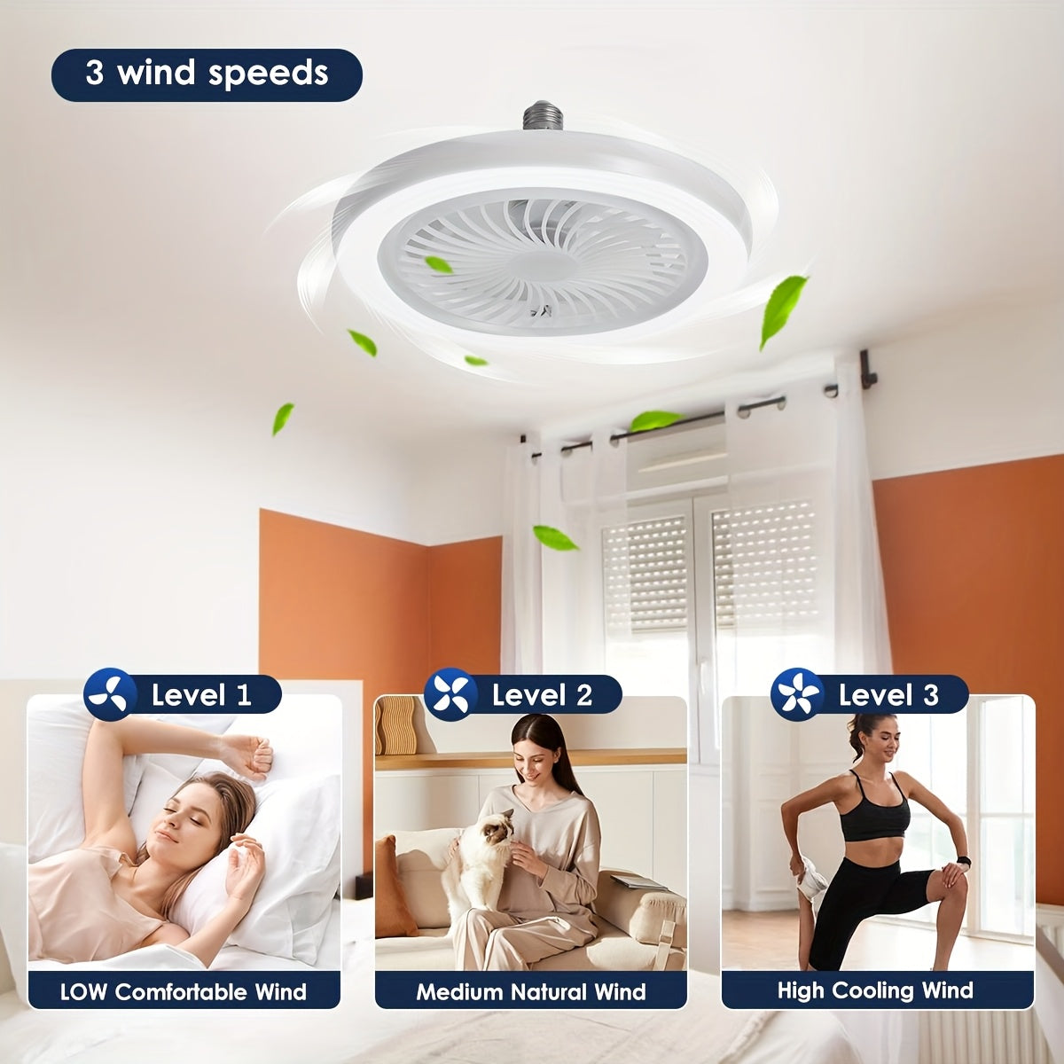 LED Smart Fan Light, Adjustable Wind Power & Infinitely Dimmable, Invisible No Blade, E27/E26 Recessed Installation with Remote Control, Modern Simple with Thin Ceiling Fan Light for Living Room, Bedroom, Dining Room, Storage