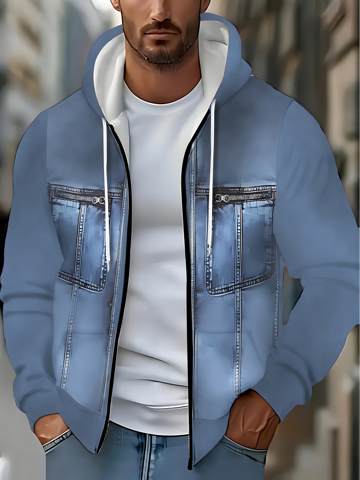 Men's Full-Zip Hoodie Jacket - Two-Tone Zipper Closure (white to), Adjustable Hood, Loose Fit Streetwear Coat - Soft Polyester Outer for Spring/Fall - Casual Outerwear for Everyday & Special Events, Zip Up Hoodie, Outdoor Wea