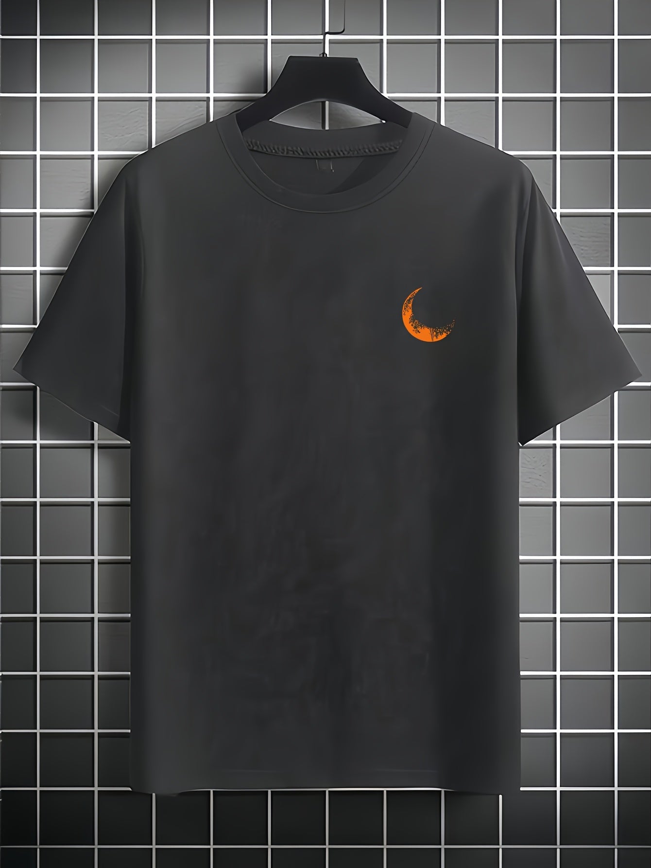 Men's Graphic Print Short Sleeve T-Shirt - Black Relaxed Fit Casual Round Neck, Durable Polyester Fabric, Machine Washable Summer Outdoor Top, Moon And Trees Design | Lightweight Clothing