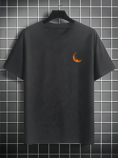 Men's Graphic Print Short Sleeve T-Shirt - Black Relaxed Fit Casual Round Neck, Durable Polyester Fabric, Machine Washable Summer Outdoor Top, Moon And Trees Design | Lightweight Clothing