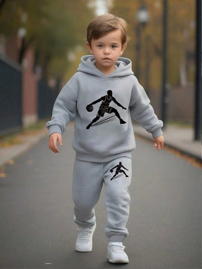 2pcs Boys Basketball Player Print Hoodie Set, Long Sleeve Hooded Sweatshirt And Sports Pants, Polyester 100.00% Knit Fabric, Casual Style, Medium Stretch, Fall/Winter Season, for Outdoor