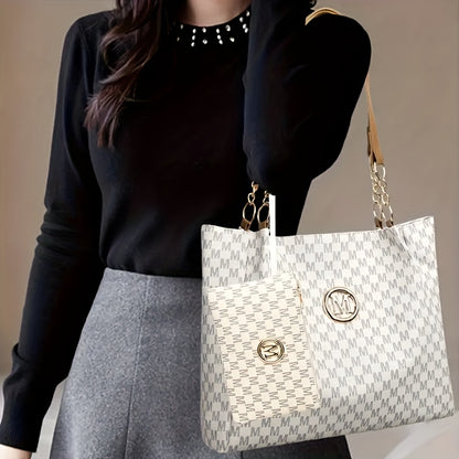 2pcs Women's Vintage Shoulder Bag Set, Large Capacity Tote Bag with Fixed Shoulder Strap, Synthetic, Zipper Closure, Polyester Lining, Lightweight, Random Print Design, Perfect for Daily Commuting and Carrying Cell Phones,