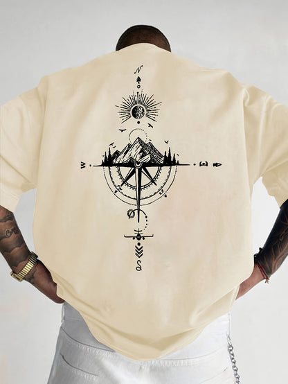 Men's Short Sleeve T-Shirt 100% Polyester Loose Fit Casual Round Neck Navy Blue with Golden Compass Rose Mountain Print - Summer Outdoor Adventure Graphic Tee, Modern Casual Top | Easy Care Clothing