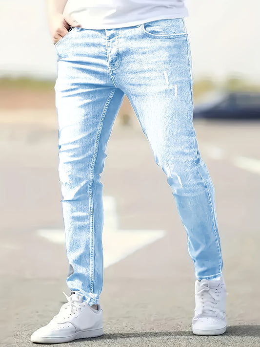 Men'S Light Blue Distressed Skinny Jeans - Stretch Denim, Slim Fit, Casual Style with Ripped Details, All-Season Comfort, Casual Attire Jeans|Distressed Denim|Stretch Denim Fabric