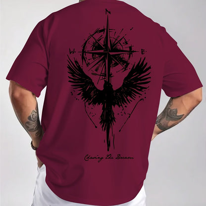 Men'S Summer Short Sleeve T-Shirt with Bold Eagle & Compass Print - Light Blue Casual Round Neck Tee, Comfortable Stretch Fabric for Casual Attire, Everyday Tshirt | Bold Graphic Tee | Comfortable Fit