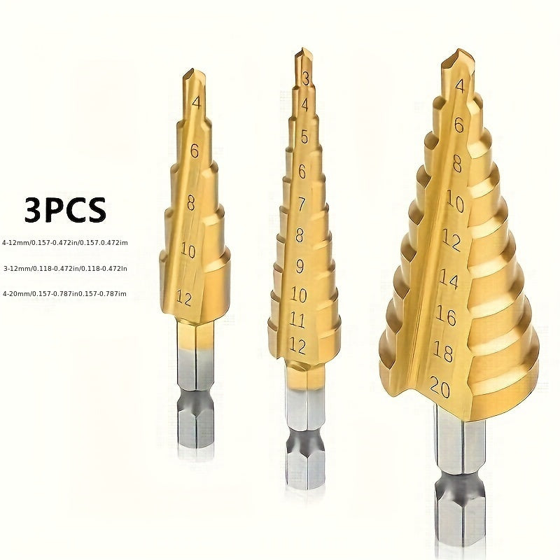3pcs Titanium-Coated HSS Drill Bits Set, 3-12mm, 4-12mm, 4-20mm Straight Groove Step Cone Cutters, Precision Hole Sawing, Hex Shank, Metal, No Power Required, Home Renovation Tool Accessories
