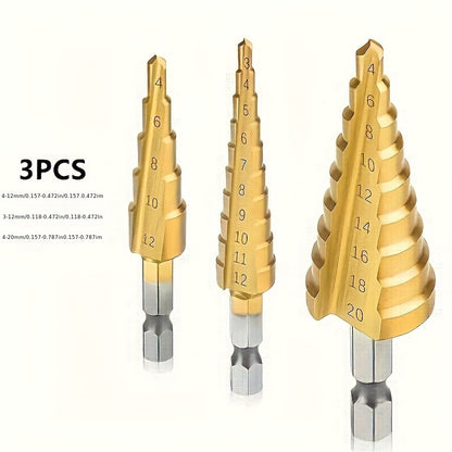 3pcs Titanium-Coated HSS Drill Bits Set, 3-12mm, 4-12mm, 4-20mm Straight Groove Step Cone Cutters, Precision Hole Sawing, Hex Shank, Metal, No Power Required, Home Renovation Tool Accessories
