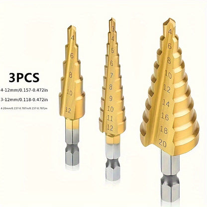 3pcs Titanium-Coated HSS Drill Bits Set, 3-12mm, 4-12mm, 4-20mm Straight Groove Step Cone Cutters, Precision Hole Sawing, Hex Shank, Metal, No Power Required, Home Renovation Tool Accessories