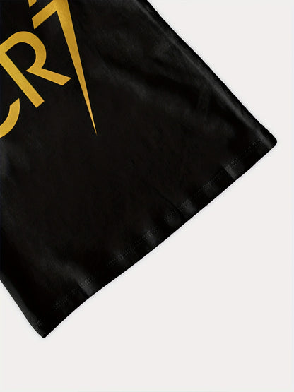 Boys' CR7 Lightning Bolt Graphic T-Shirt - Black Casual Short Sleeve Crewneck with Golden & White Stripe Design, Comfortable Summer Top for Youngsters, Youngsters's Pullover | Graphic Tee | Machine Washable, Tween Boy Clothes