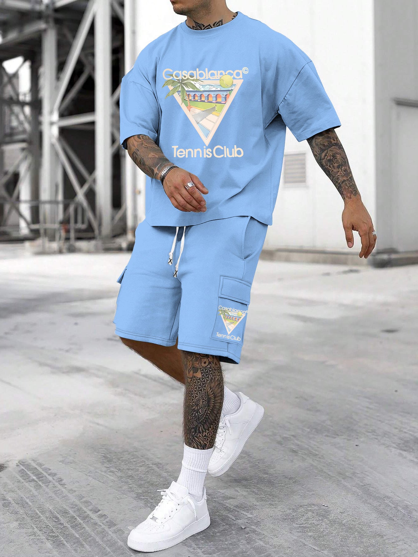 New Loose Fit Breathable Men's Crew Neck Short Sleeve T-Shirt and Workwear Style Multi-Pocket Shorts Set, Summer Casual Sportswear Two-Piece Outfit, Stylish Versatile Top and Pants for Both Men and Women