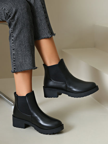MagiMoBo Women'S Slip-On Chunky Mid-Heel Ankle Boots - Faux Cover Round Toe Platform Boots with Thick Rubber Sole, All-Season Casual Versatile Boots for Casual Attire, Comfortable Walking Boots, Durable Fabric Insole