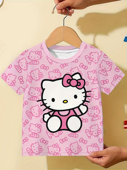 Kids' Short Sleeve T-Shirt - Cute Pink for Hello Kitty Cartoon Pattern, 3D Digital Print, Suitable for Outdoor | Casual | Sports | Home, Comfortable Sliky Fiber Fabric Fabric