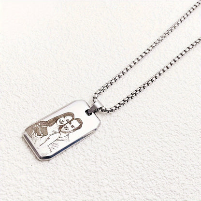 Customized Item: A Men's Square Pendant Necklace That Can Be Engraved With A Picture, Personalized Custom Engraving Of Characters/logos/patterns On The Necklace, A Cute And Simple Accessory For Daily Wear, Suitable For Both M