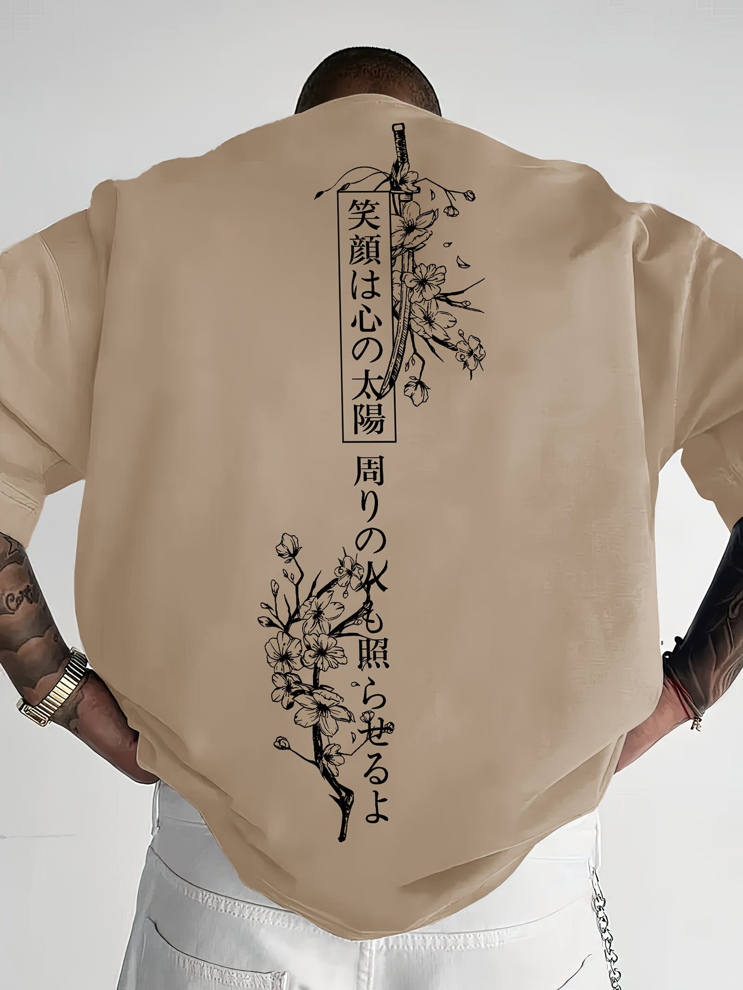 Men's Japanese Sakura Cherry Blossom & Text Print Casual T-Shirt - Black with Golden Floral Print Design, Loose Fit Round Neck, Breathable Summer Fabric, Machine Washable, Relaxed Fit Clothing, Elegant Design Shirt