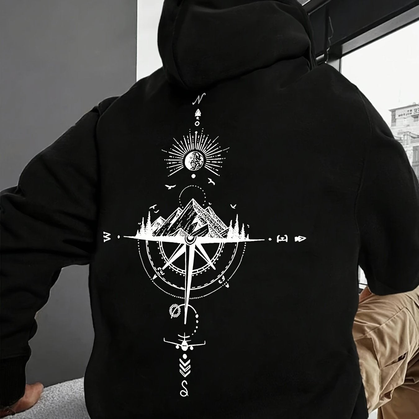 Men'S Autumn Winter for Galaxy Print Hooded Sweatshirt, French Terry Fleece, Polyester, Non-Stretch Knit Fabric, Loose Fit with Pocket Detail, Casual Sports Style Hooded Pullover